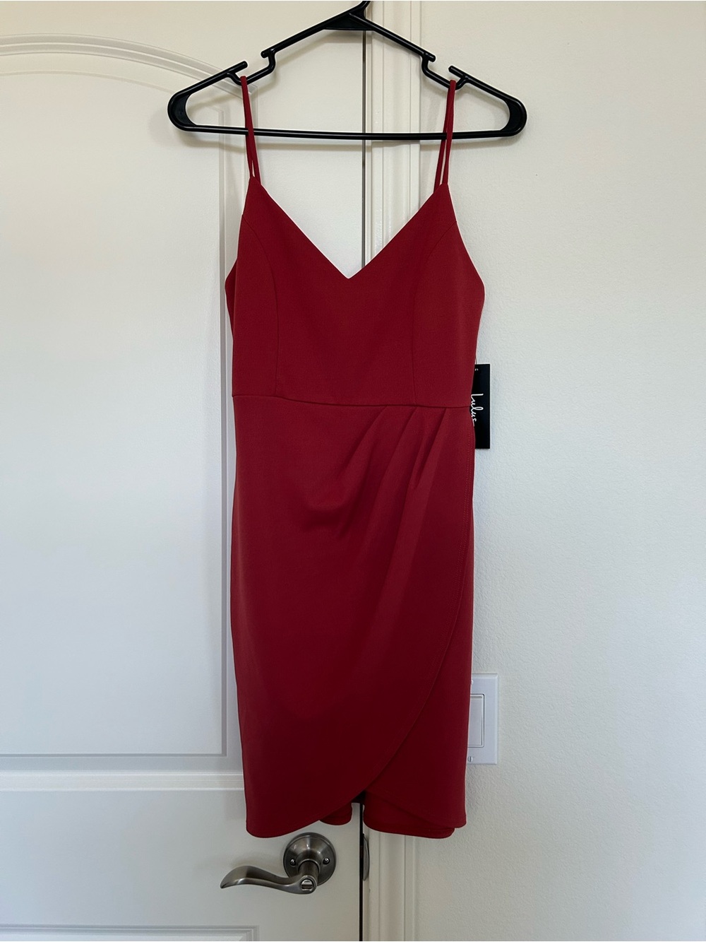 Lulu's Red Spaghetti-Strap Wrap-Front Mini Dress